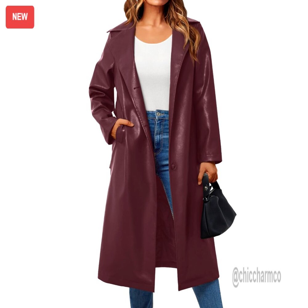 Faux Leather Trench Coat With Belt, Knee Length, Open Front, Size M